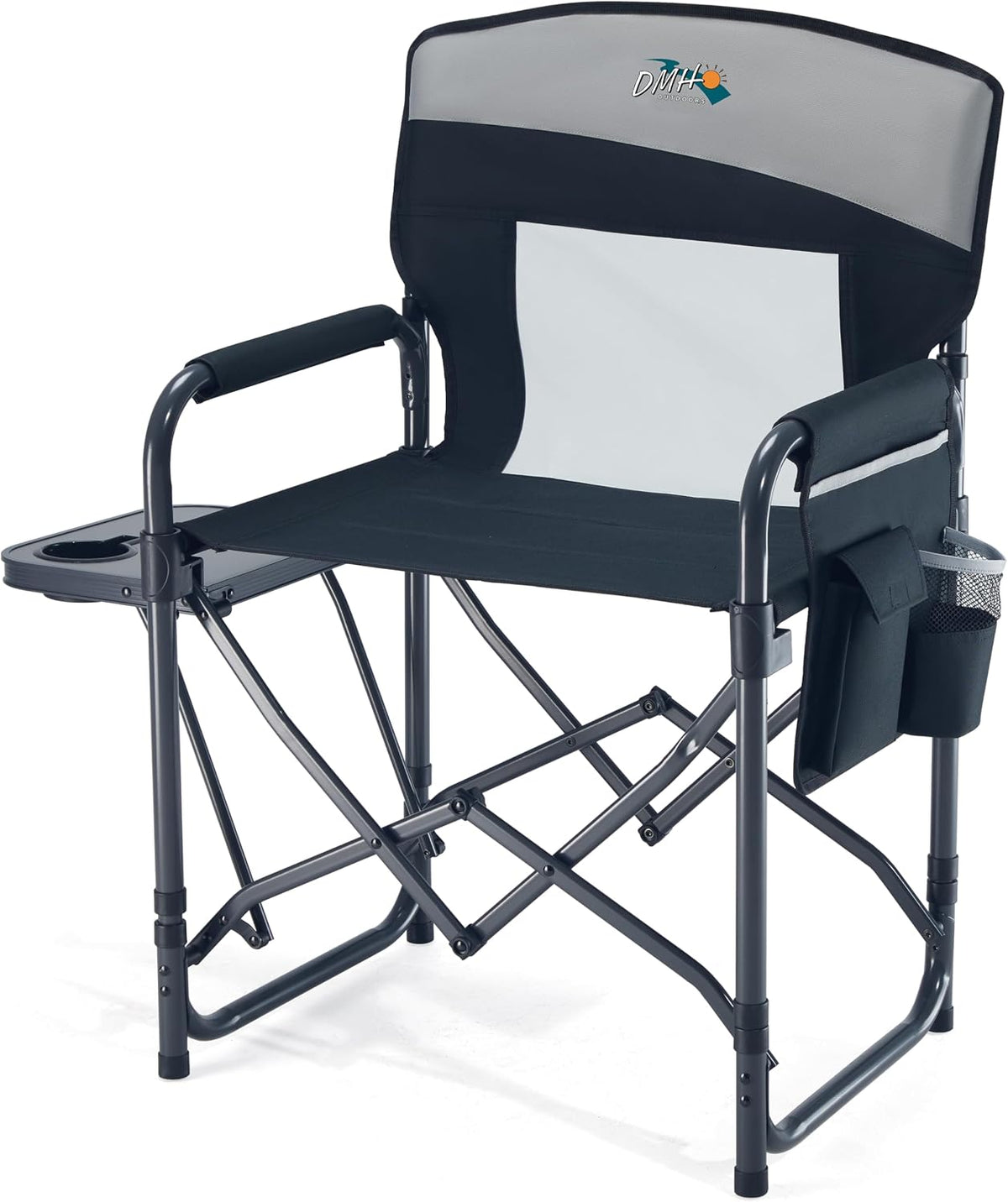 DMH OUTDOORS Camping Directors Chair with Side Table & Breeze Mesh Backrest | Oversized Heavy Duty Lawn Chairs with Pocket, 1-Step Setup Portable Folding Camp Chair for Beach, Sports, Fishing, Tailgating