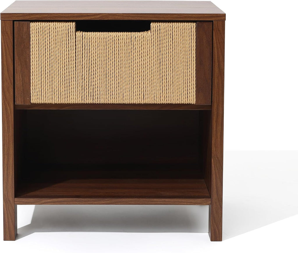 LuxenHome Nightstand with Drawer Storage, 19" Wood End Tables with Rope Front, Boho Bedside Table for Bedroom Living Room Small Sofa Couch Table for Small Space Home Office