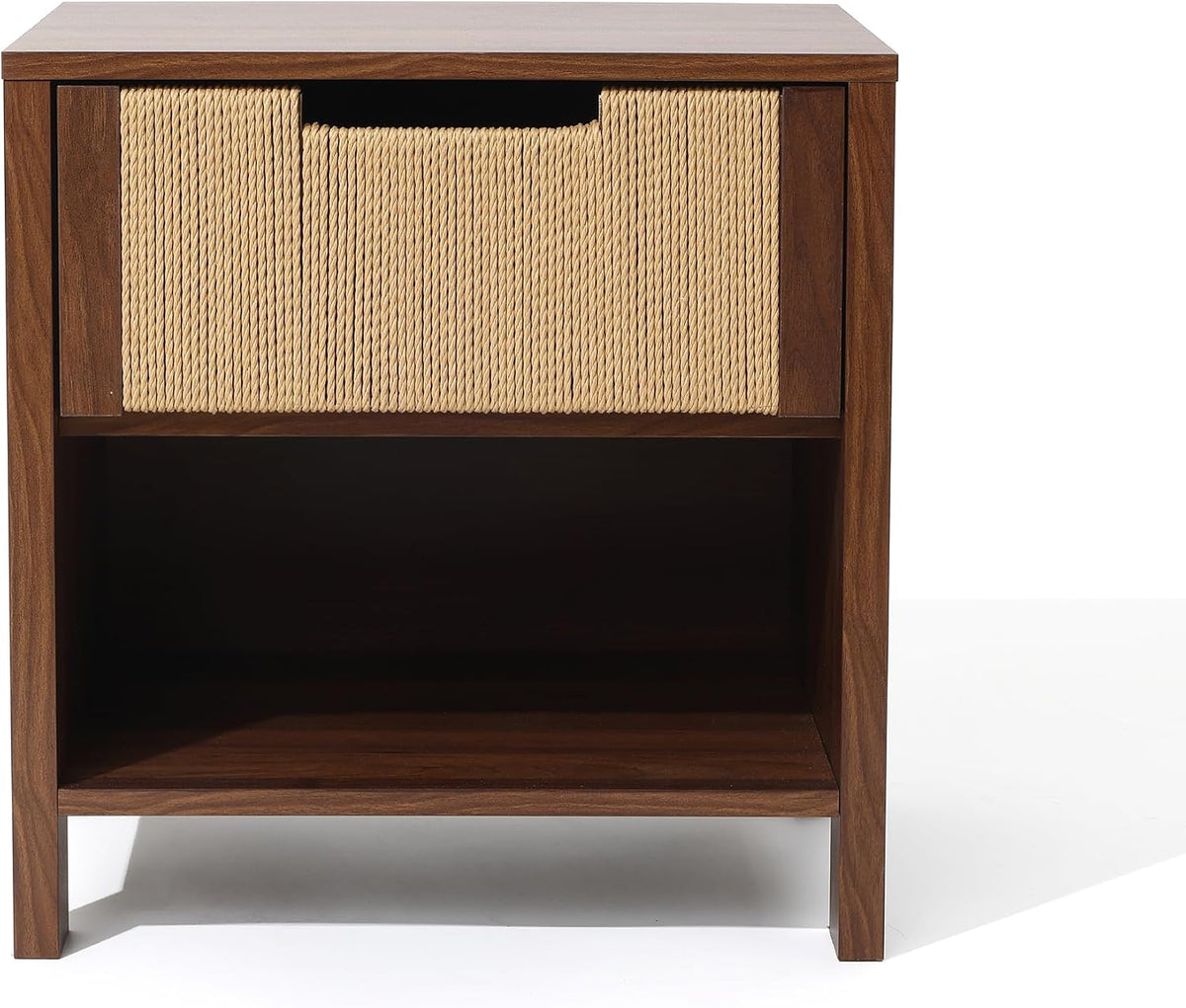 LuxenHome Nightstand with Drawer Storage, 19" Wood End Tables with Rope Front, Boho Bedside Table for Bedroom Living Room Small Sofa Couch Table for Small Space Home Office