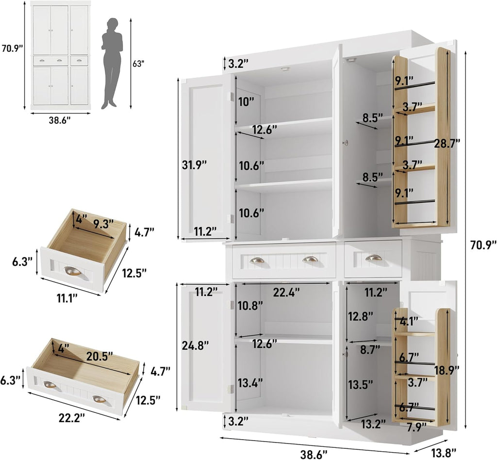 71" Tall Kitchen Cabinet Pantry Storage,Modern Kitchen Hutch Cabinet with Doors and Adjustable Shelves,Large Freestanding Food Pantry with 2 Drawer for Dining Room, Living Room, Hallway,White