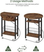 Folding Side Table with Charging Station, 3-Tier Narrow End Couch Table with Folding Top, Storage Basket, Round Side Table for Small Spaces, for Sofa Living Room, Bedroom, Rustic Brown TBZ10UBF