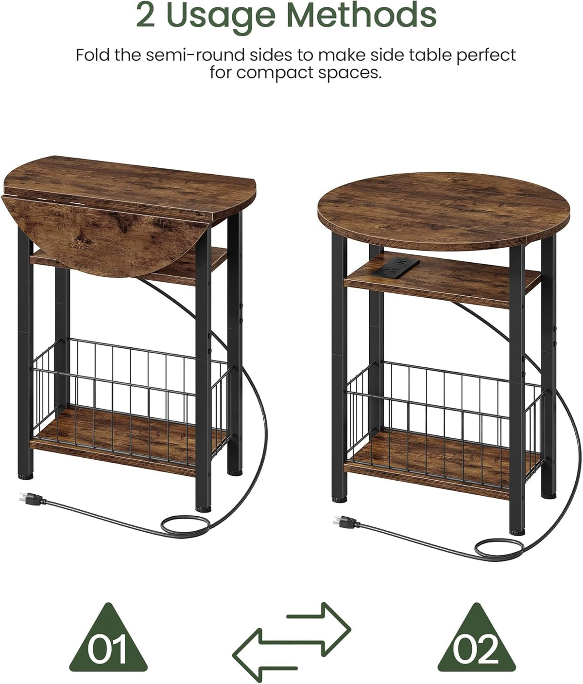 Folding Side Table with Charging Station, 3-Tier Narrow End Couch Table with Folding Top, Storage Basket, Round Side Table for Small Spaces, for Sofa Living Room, Bedroom, Rustic Brown TBZ10UBF