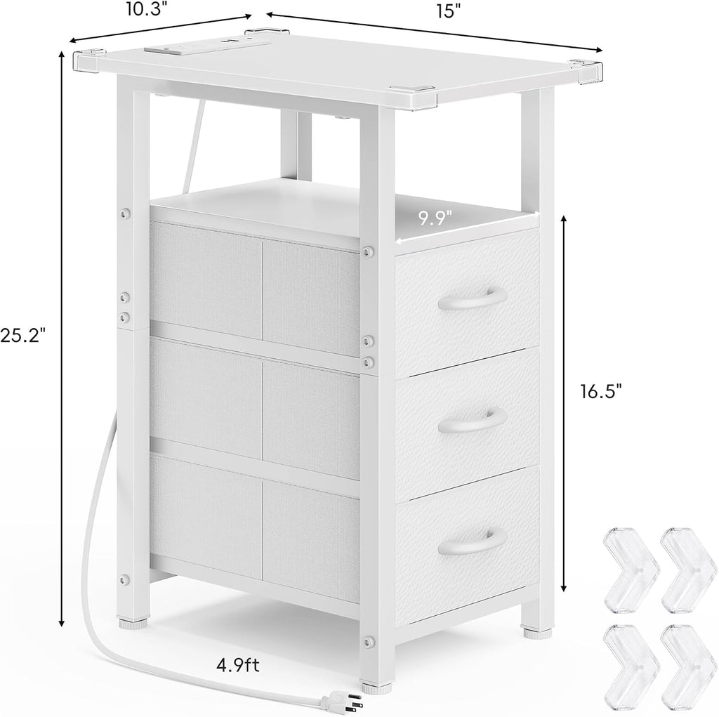 Vagusicc White End Table with Charging Station, Narrow Side Table, Narrow Nightstand with 3 Fabric Drawers, Slim Sofa Side Table for Small Spaces, Small Night Stand for Bedroom, White