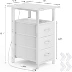 Vagusicc White End Table with Charging Station, Narrow Side Table, Narrow Nightstand with 3 Fabric Drawers, Slim Sofa Side Table for Small Spaces, Small Night Stand for Bedroom, White