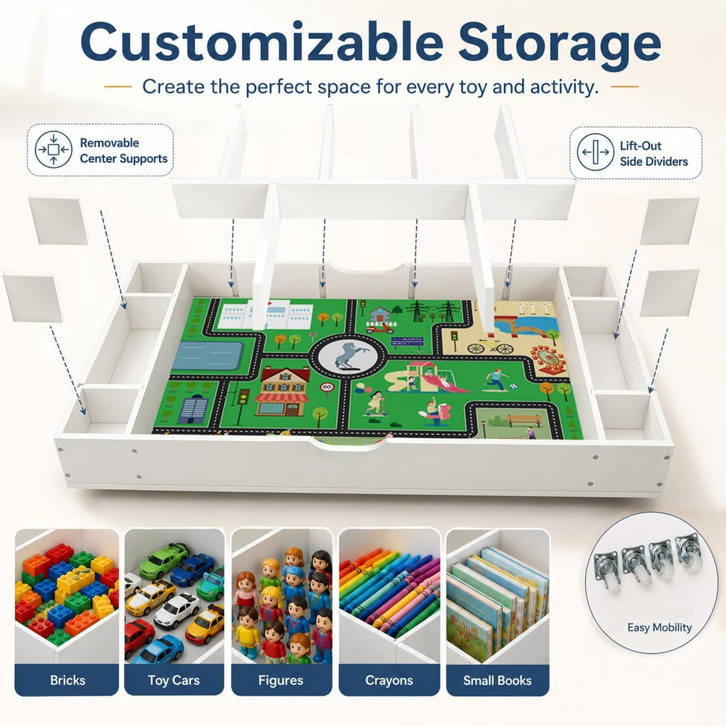 Kids Building Block Table, 3-in-1 Whiteboard Road Map with Storage | Kids Activity Table With 11 Detachable Storage Partitions, Removable Wheels And Low-Profile Under-Bed Or Sofa Design