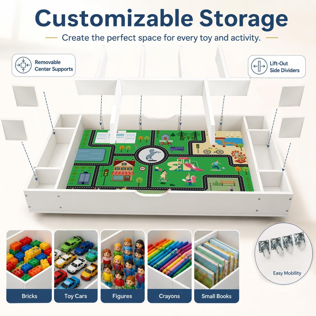 Kids Building Block Table, 3-in-1 Whiteboard Road Map with Storage | Kids Activity Table With 11 Detachable Storage Partitions, Removable Wheels And Low-Profile Under-Bed Or Sofa Design