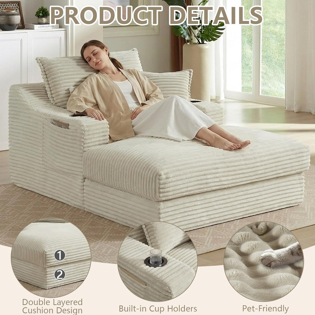 67.7" Chaise Lounge Chair Indoor with Cup Holders & Side Pocket, Oversized Floor Lounger Chairs Indoor with 3 Soft Pillows, Deep Seat Reading Lounge Couch for Living Room, Apartment, Camel