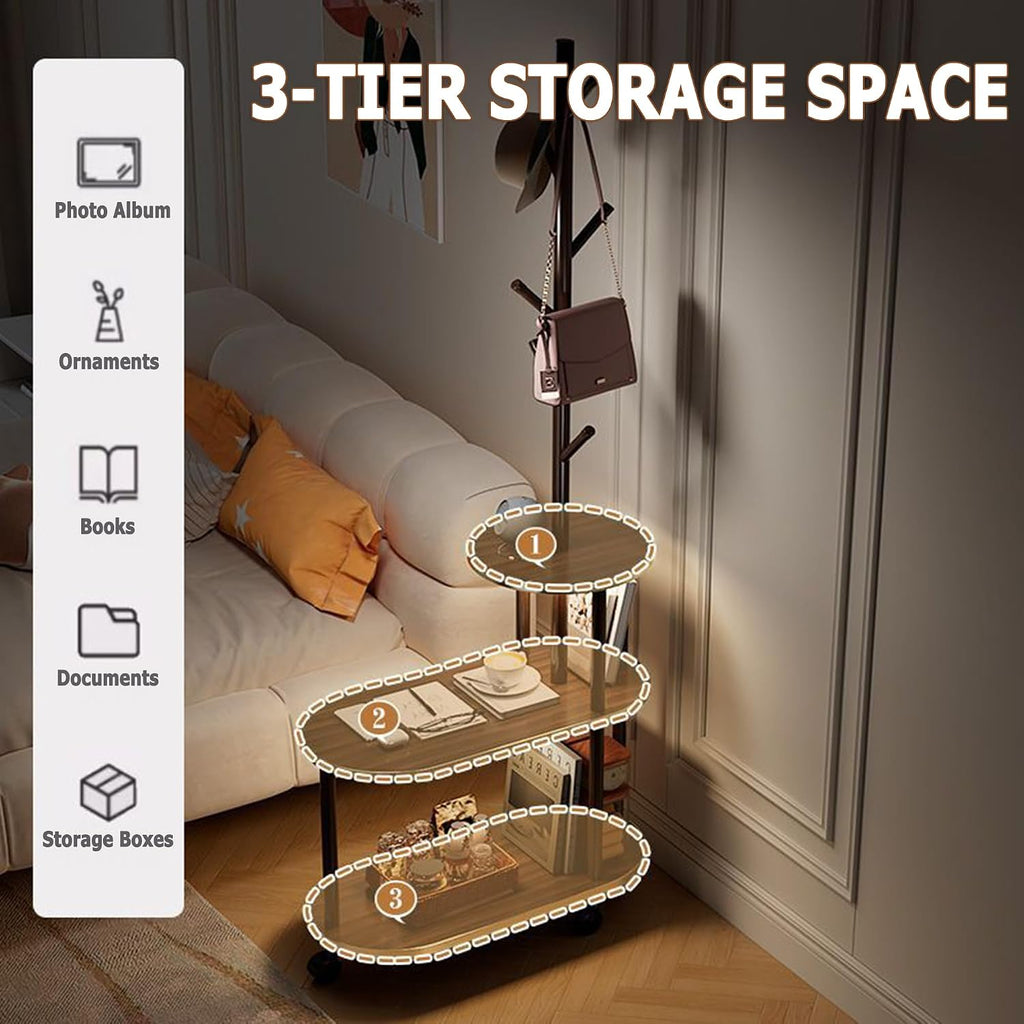 360° Swivel Side Table for Small Spaces End Table with 3-Tier Storage 66" Tall Couch Tables with Coat Rack for Bedroom Living Room Bedside Entrance (White)