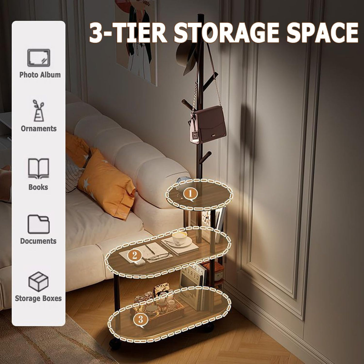 End Table with Coat Rack 3-Tier Couch Side Table with Storage for Small Space Rolling Bedside Tables for Living Room Bedroom 60x30x169CM (Brown)