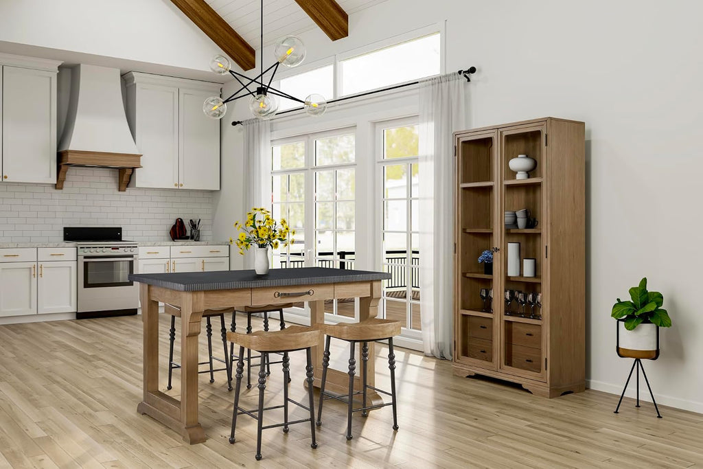 Cashew Finish Kitchen Island with Hickory Veneers and Functional Drawer | Scalloped solid wood top with hickory veneer