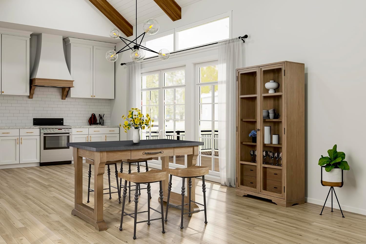 Cashew Finish Kitchen Island with Hickory Veneers and Functional Drawer | Scalloped solid wood top with hickory veneer