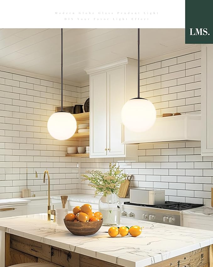 LMS 10 Inch Globe Pendant Lights, Matte Black Mid Century Kitchen Island Light Fixtures with White Globe Glass Shade, Adjustable Hanging Rod, Bar Kitchen Bedroom, LMS-186PL-BKW-10