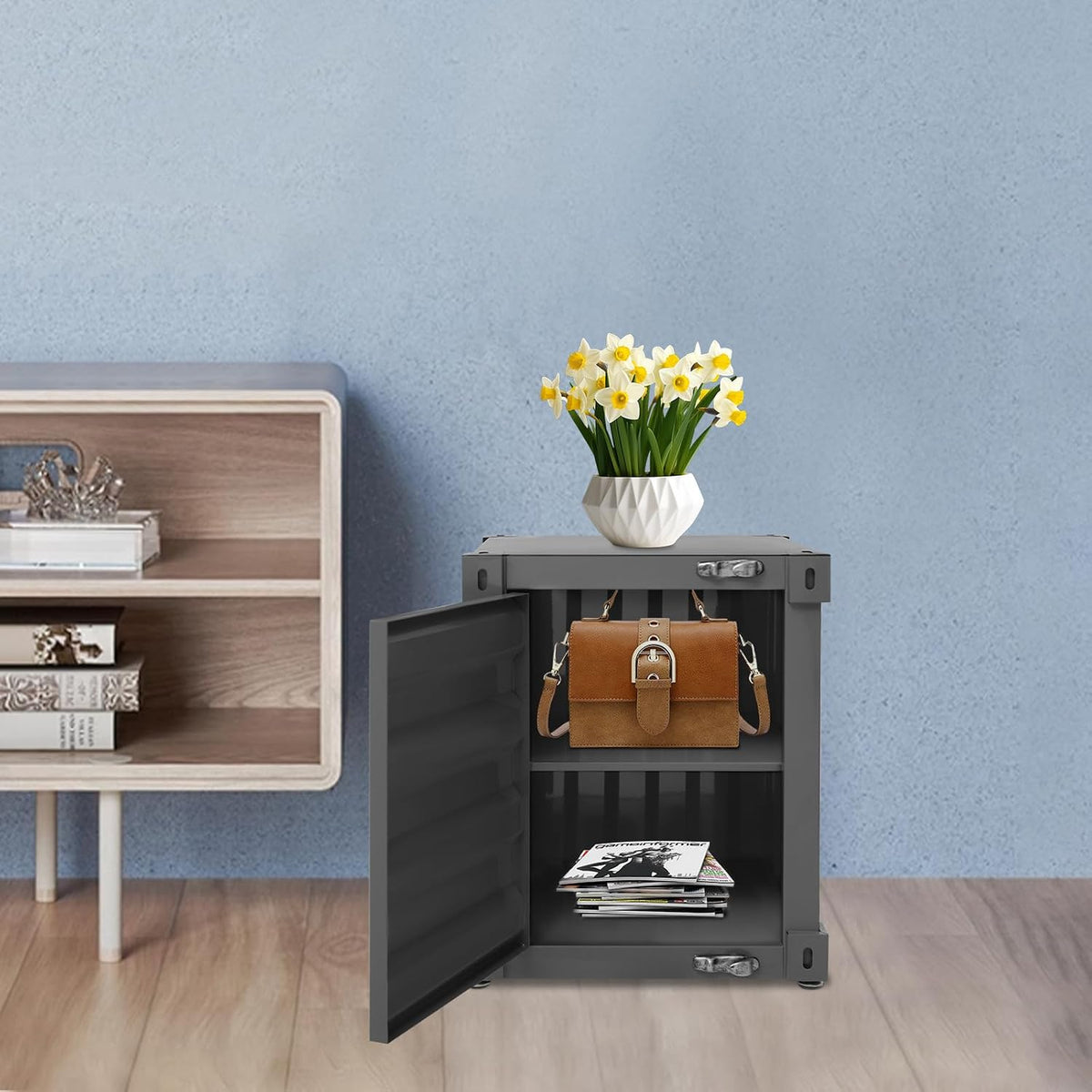 Industrial Style Side Table, Multifunctional Container Cabinet Style Side Table, Up to 22.05lbs, Practical Iron Bedside Tables for Bedroom Living Room Office (Black)