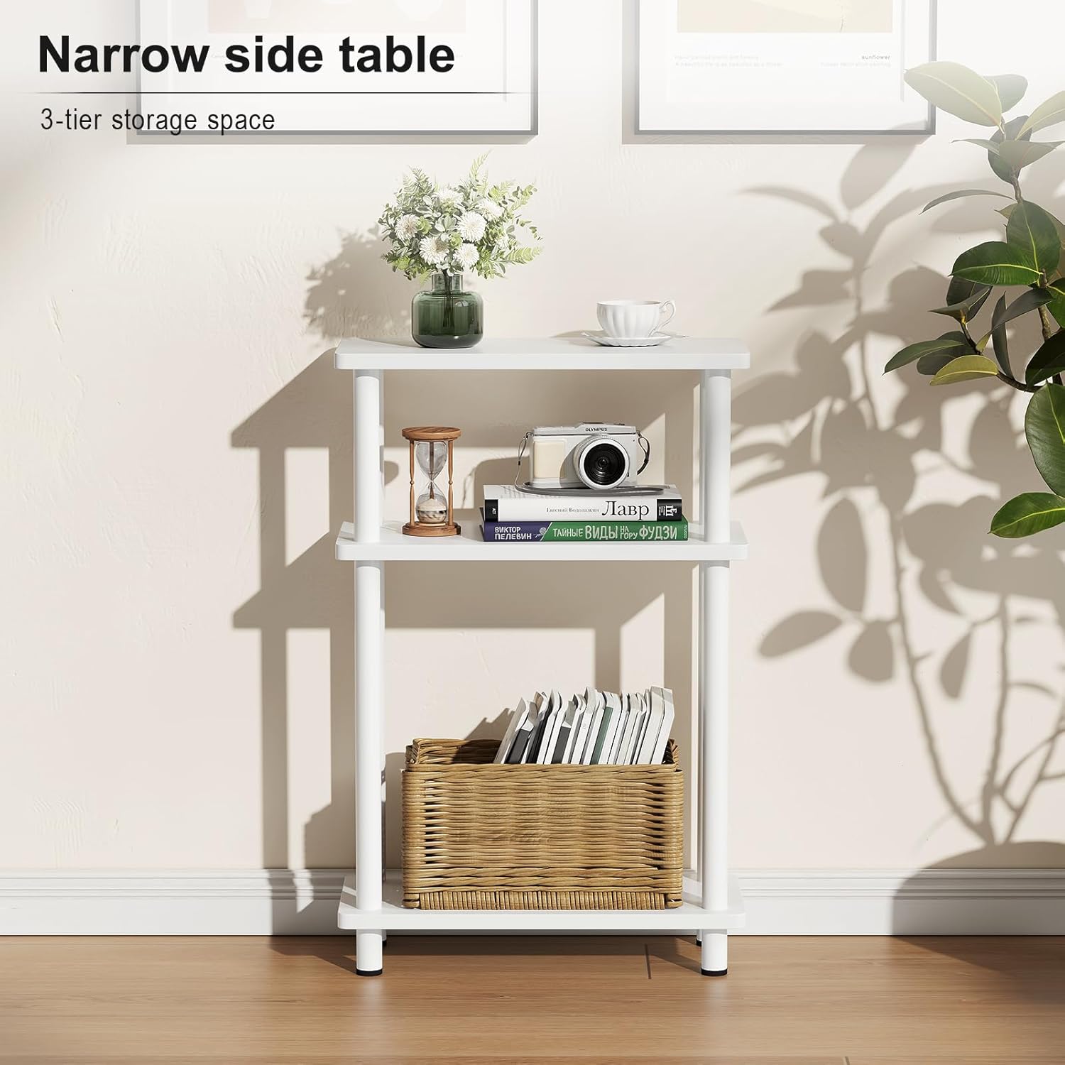 Apicizon Small Narrow Side Table, 3-Tier Skinny End Table with Storage Shelf, Slim Nightstand Bedside Table for Small Spaces, Living Room, Bderoom, White