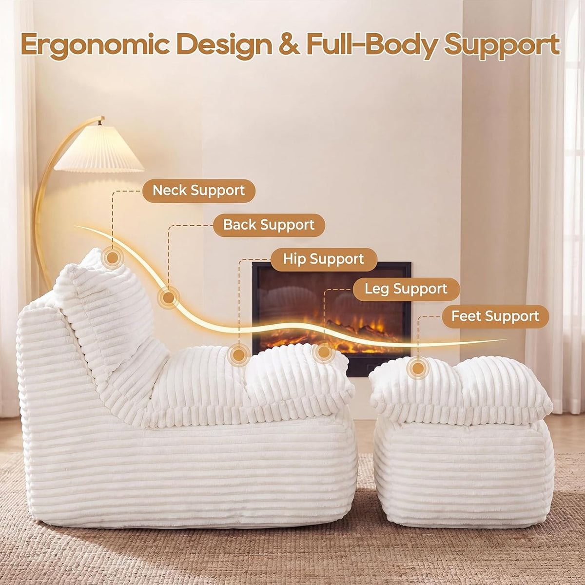 Chaise Lounge Chair, Faux Fur Ergonomic Chair with Ottoman, High Density Memory Foam No Assembly Lazy Sofa, Indoor Leisure Couch for Living Room Bedroom Office Apartment