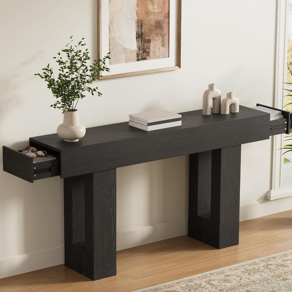 Airynee 63 Inches Long Console Table for Entryway with Drawers, Wooden Sofa Table Behind Couch, Industrial Entry Table for Living Room, Foyer, Hallway, Black