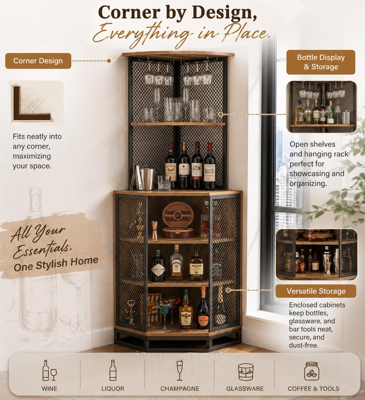 IBF 71 Inch Rustic Oak Farmhouse Tall Corner Bar Cabinet with Glass Holder | Sturdy 5-Tier Industrial Farmhouse Liquor Storage with Adjustble Shelf，Anti-Tipping Design for Home Kitchen Small Space