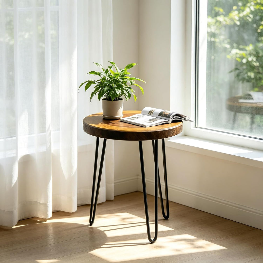 Live Edge End Table, About 15-18" W x 17" H Natural Edge Camphor Wood Stump Side Table for Living Room, Unique Desktop with Metal Hairpin Legs, Natural Wood Nightstand, Plant Stand