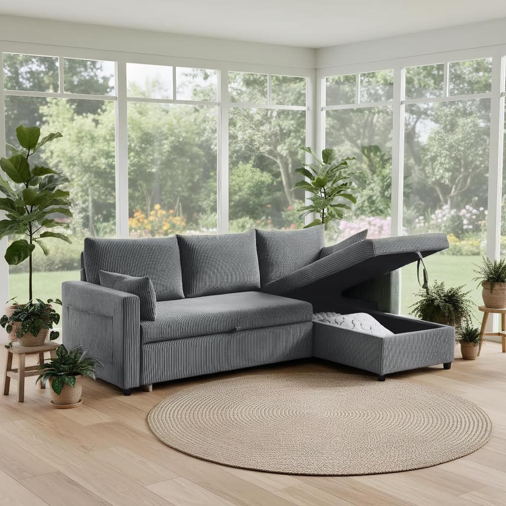 Ball & Cast 86" Sectional Sleeper Sofa Bed Pull Out Couches for Living Room | L Shaped Convertible Pull Out Sofa Bed with Reversible Storage Chaise and Side Pocket, 3-Seat Sofa for Small Space Apartment