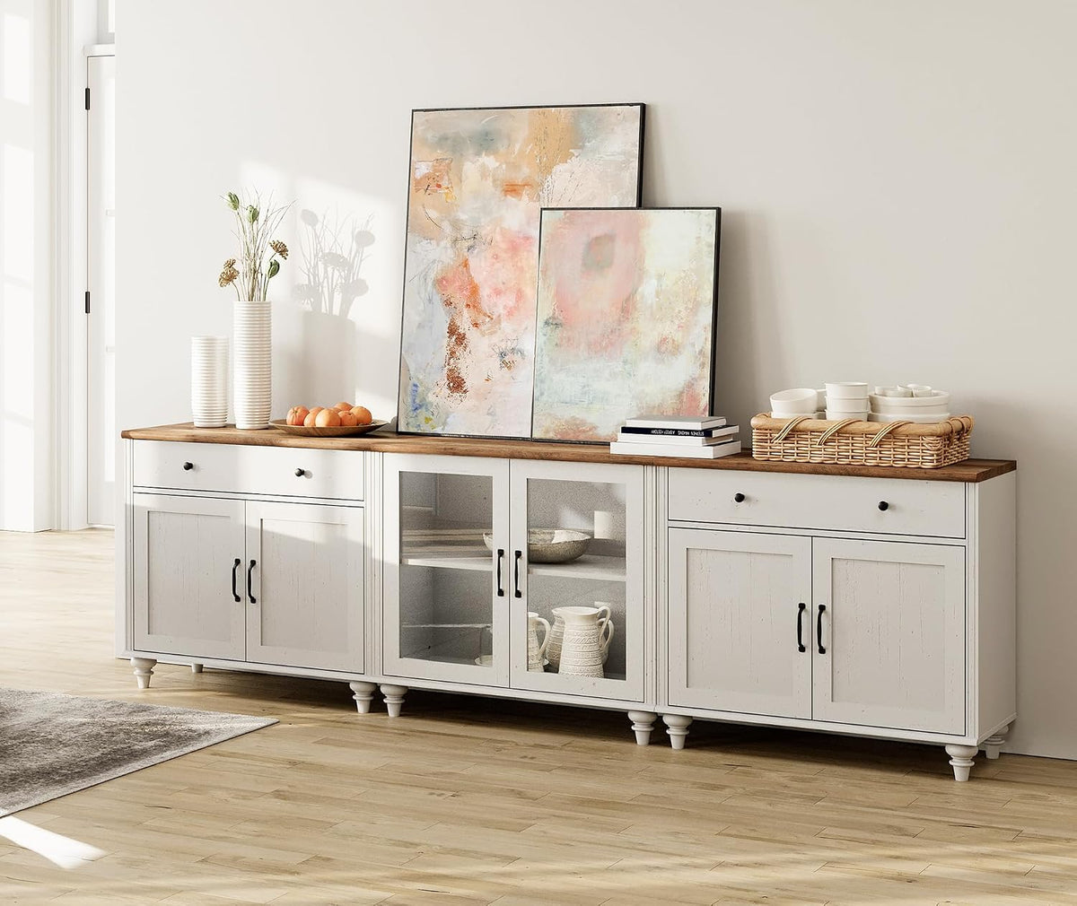 WAMPAT Farmhouse TV Stand for 100 Inch TV, 3-in-1 Wooden TV Console Table for 75/80/85/90 Inch TV, Entertainment Center with Glass Door, Kitchen Sideboard Buffet Cabinet for Dining Room, Off White