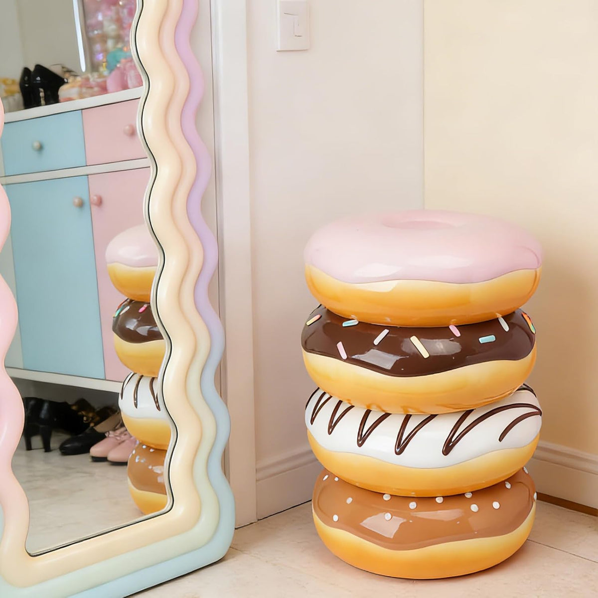 Cynkeyee Donut Shape Foot Stool - 18 Inch Doughnut Chair | Resin Simulated Food Shoe Changing Stool for Entryway Living Room Bedroom