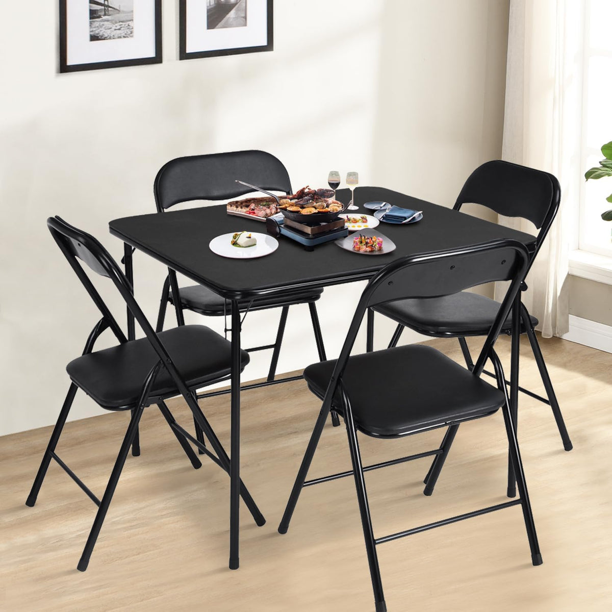 FurnitureR Square Folding Card Table 34 Inch, No Assembly Portable Table for Game Nights, Small Space Dining & Indoor Outdoor Use, PVC Top with Metal Frame, Black
