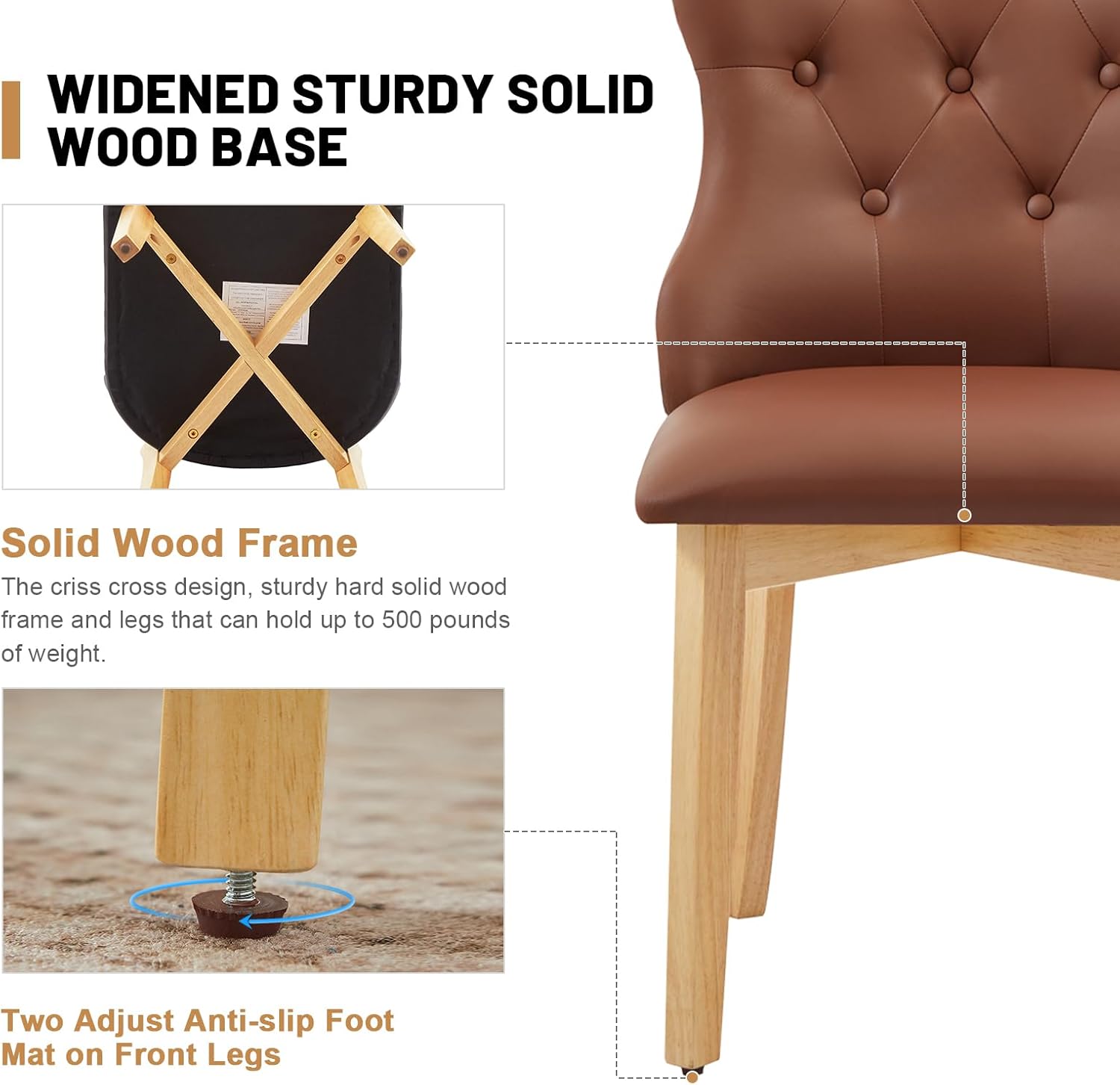 Faux Leather Dining Chairs Set of 4, Upholstered Dining Room Chair with Button Tufted, Solid Wood Legs, Mid Century Modern, Luxury Wingback Side Chair for Living Room, Kitchen, Restaurant, Brown