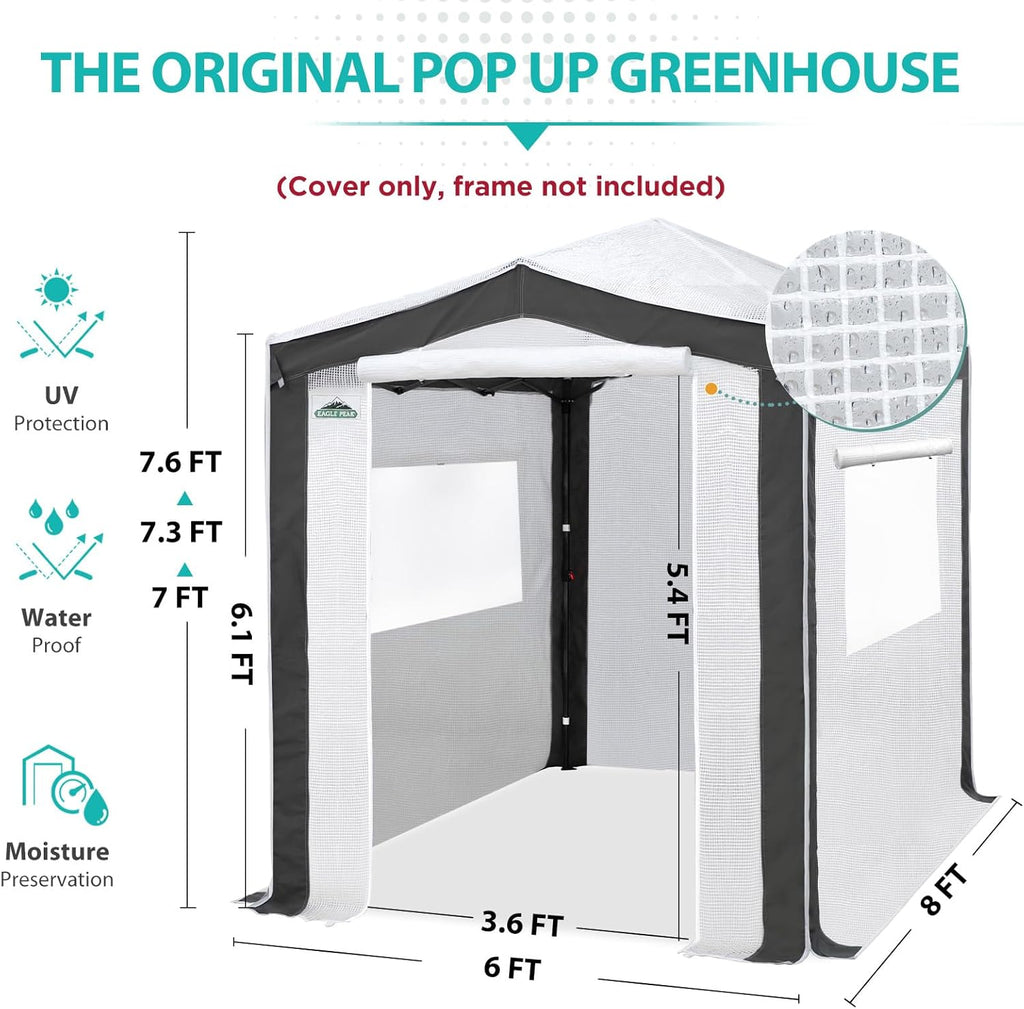 EAGLE PEAK Replacement Cover for 8x6 Pop up Greenhouse with Polyester Reinforced Corners, Front and Rear Roll-Up Zipper Entry Doors and 2 Roll-Up Side Windows (Frame Not Included), Gray/White