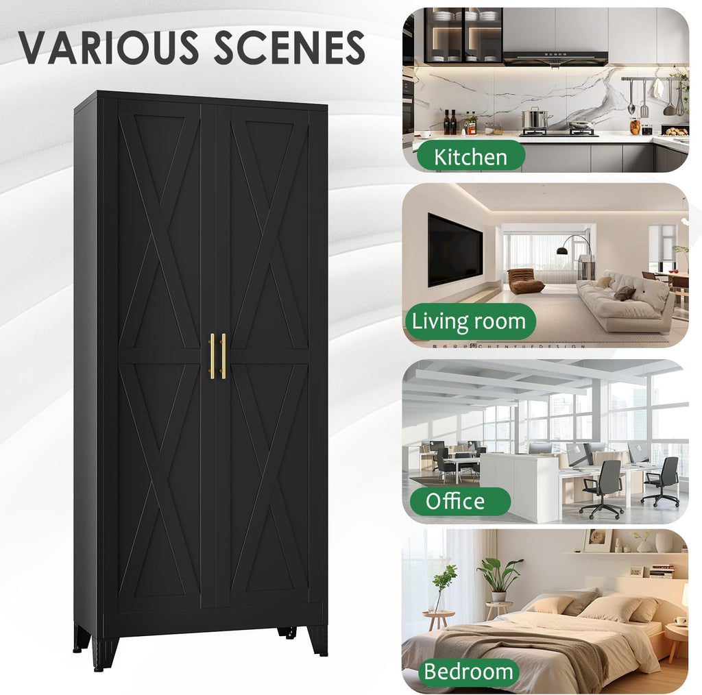 pozdeg 71" Tall Kitchen Pantry Cabinet, Metal Storage Cabinet with 2 Doors and 4 Adjustable Shelves, Black Food Pantry Cupboard for Kitchen, Dining Room, Living Room and Bathroom (Black)