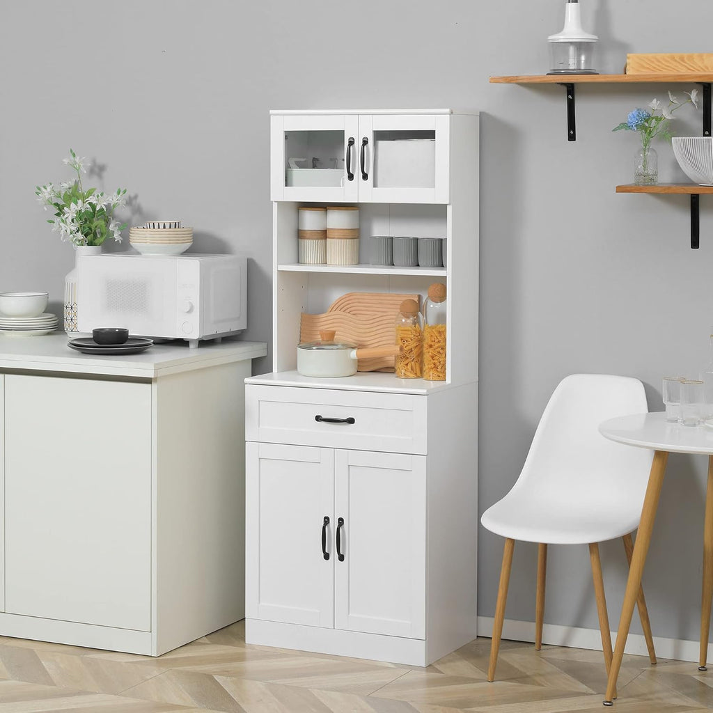 HOMCOM 63.5 Inches Freestanding Kitchen Pantry, 4-Door Buffet Cabinet with Hutch, Coffee Bar Storage Cabinet with Adjustable Shelves, White