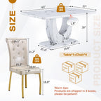 Modern Faux Marble Dining Table Set for 4, 63" White Rectangular Kitchen Table with Elegant U-Shaped Pedestal Base & 4 Tufted Upholstered High-Back Chairs, Luxury 7-Piece Dining Room Furniture Set