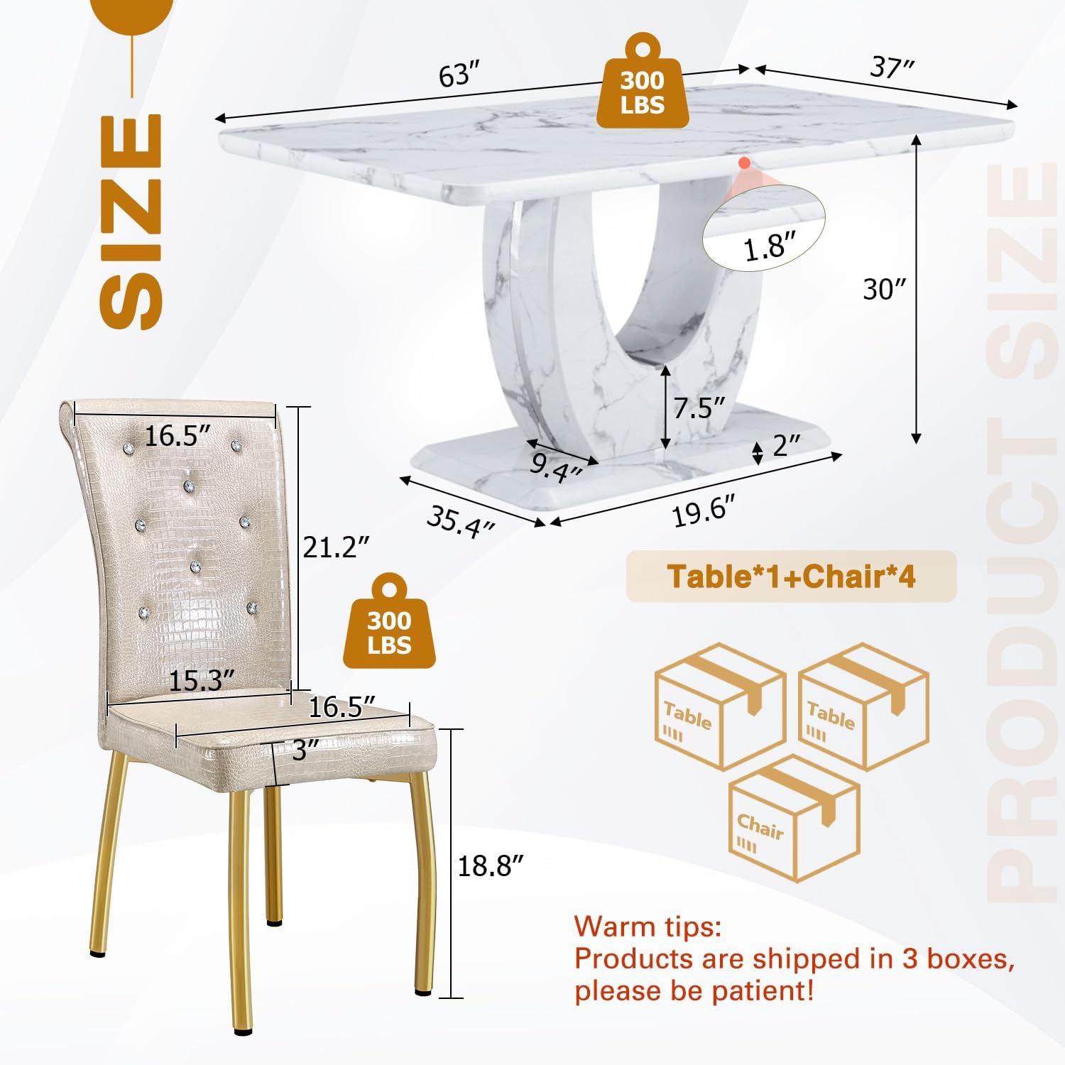 Modern Faux Marble Dining Table Set for 4, 63" White Rectangular Kitchen Table with Elegant U-Shaped Pedestal Base & 4 Tufted Upholstered High-Back Chairs, Luxury 7-Piece Dining Room Furniture Set