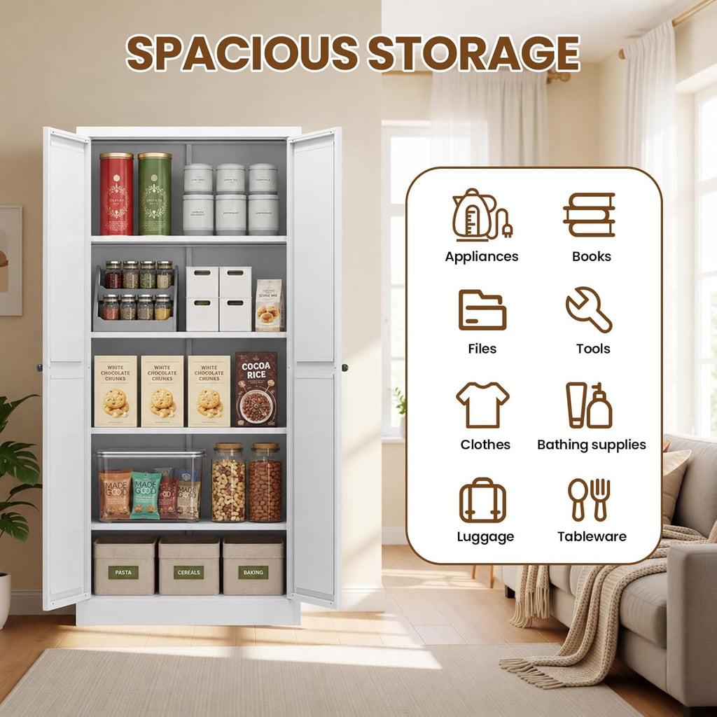 Metal Pantry Cabinet, 61" Kitchen Pantry Cabinet with 2 Doors and 4 Adjustable Shelves, White Steel Storage Cupboard for Dining, Office, Living Room, Bathroom