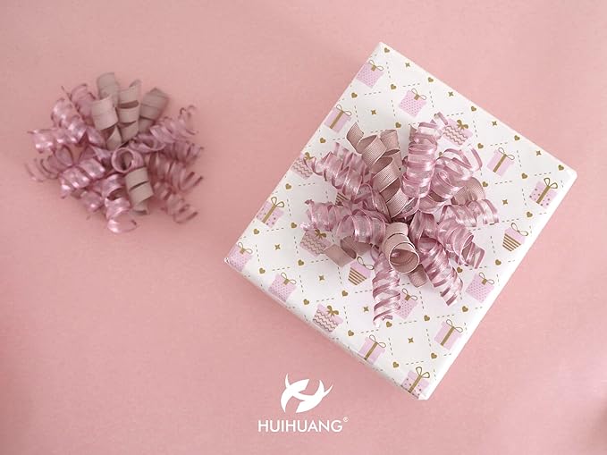 HUIHUANG Self-Adhesive Curly Bows Gift Wrap Accessory Dusty Rose Gift Bow 5 inch x 8 Counts Dusty Pink Ribbon Bows for Presents, Paper Bag, Party Favors, Bridal Shower Wedding Decoration