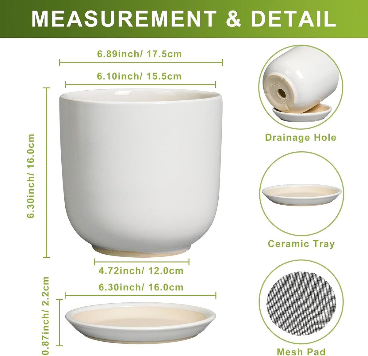 Ceramic Pot for Plants 7 Inch - Modern Round Indoor Outdoor Planter with Drainage Hole and Saucer, Home House Office Room Decor, White