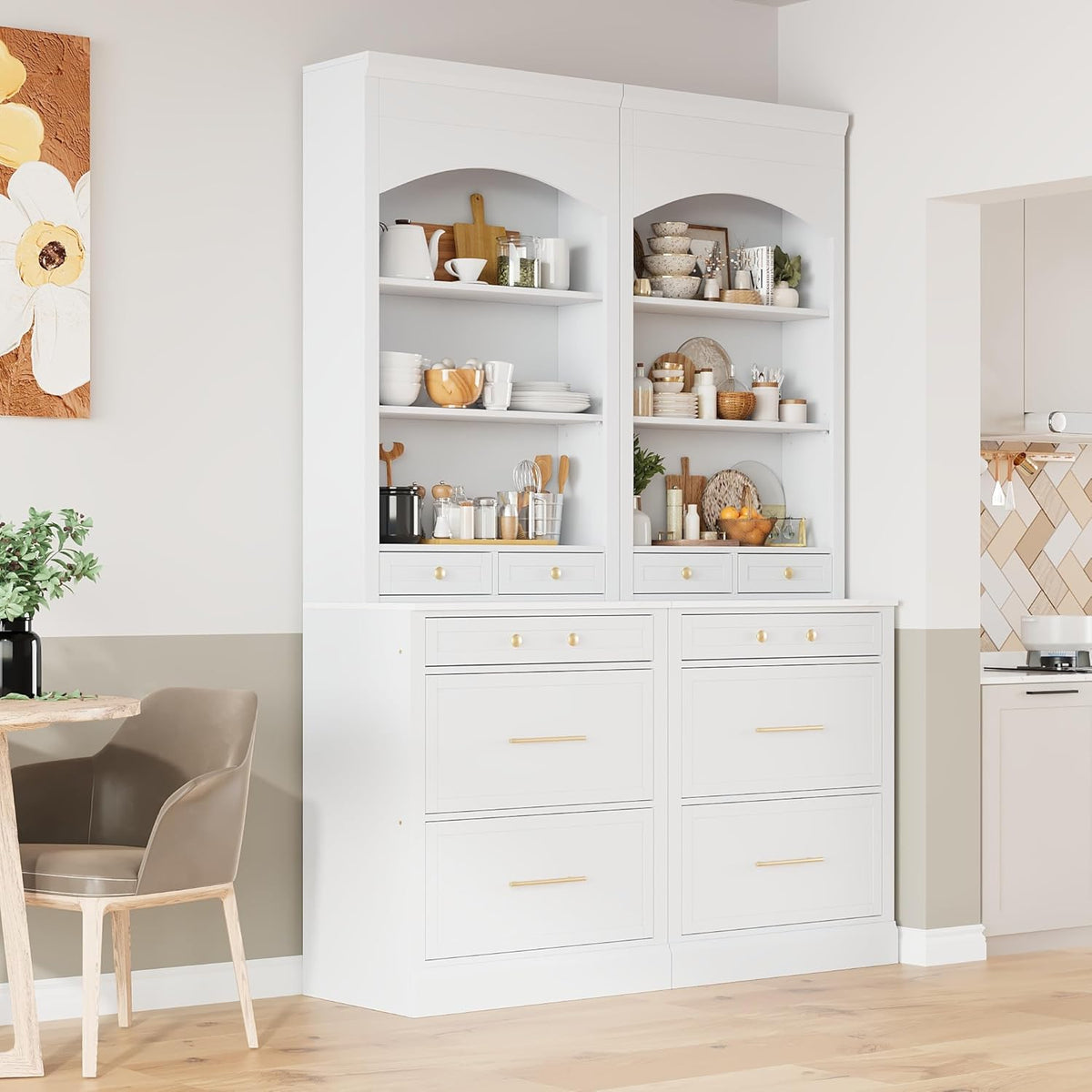 Set of 2 Tall Kitchen Pantry Storage Cabinet with Faux Marble Top, Freestanding Pantry Cabinet with 5 Storage Drawers and Adjustable Shelf Modern Kitchen Hutch Display Cupboard Food Cabinets, White