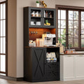 71‘’Kitchen Pantry Storage Cabinet with LED Lights and Power Outlet, Tall Farmhouse Kitchen Hutch with Microwave Stand,Globet Hooks and Adjustable Shelf for Dining Living Room,Black