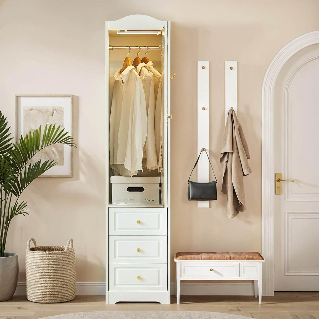 Armoire Wardrobe Closet, White Bedroom Armoires Cabinet with Mirror Door and 3 Drawers, 69.5" H Clothing Storage Cabinet with Hanging Rod & Sensor Light for Bedroom-Right