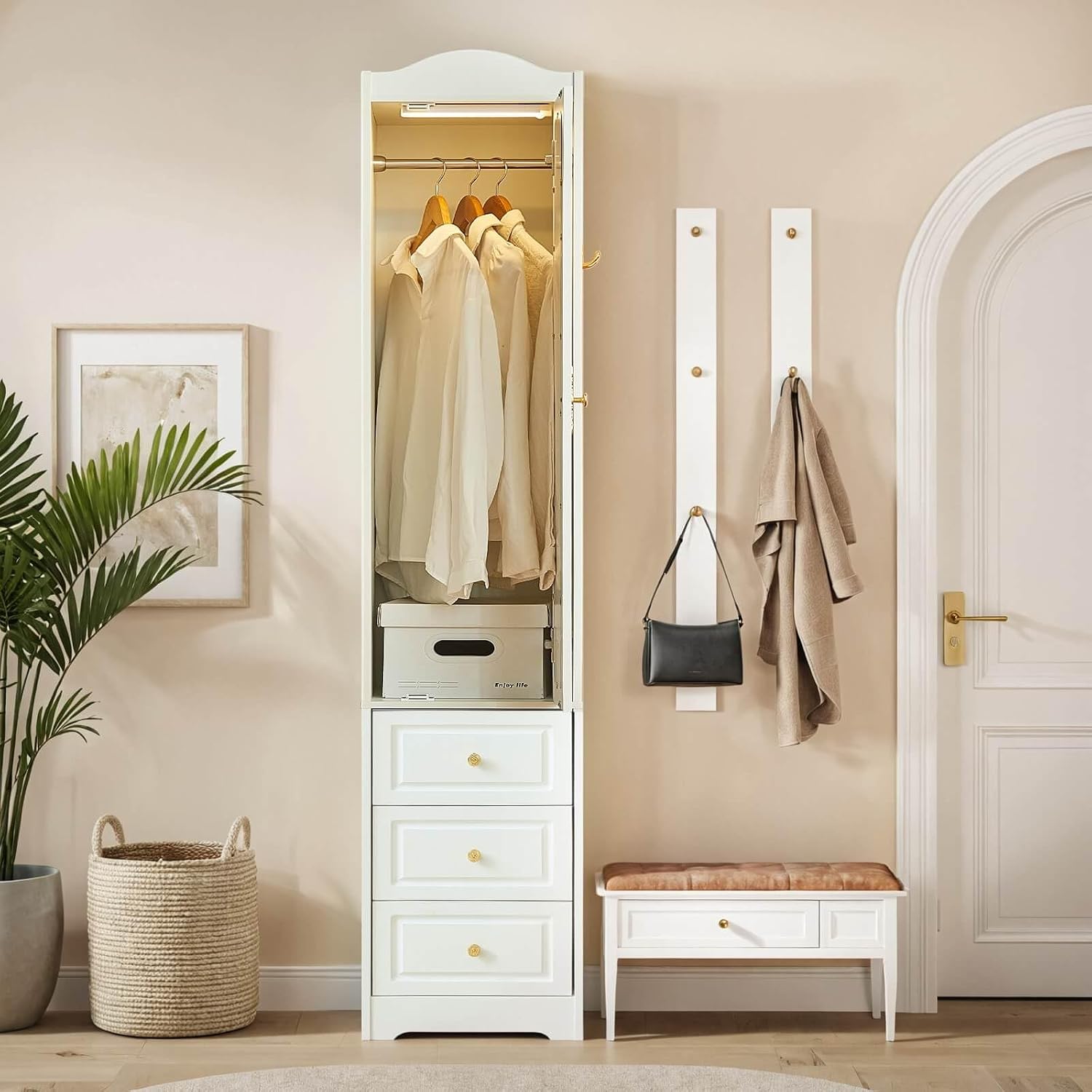Armoire Wardrobe Closet, White Bedroom Armoires Cabinet with Mirror Door and 3 Drawers, 69.5" H Clothing Storage Cabinet with Hanging Rod & Sensor Light for Bedroom-Right