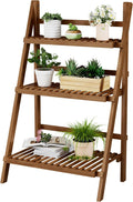 Bamboo Ladder Shelf 3-Tier Foldable Plant Stand, 23.6"W x 15"D x 39.4"H Freestanding Flower Pot Display Rack for Garden, Balcony, Patio, or Living Room, Walnut