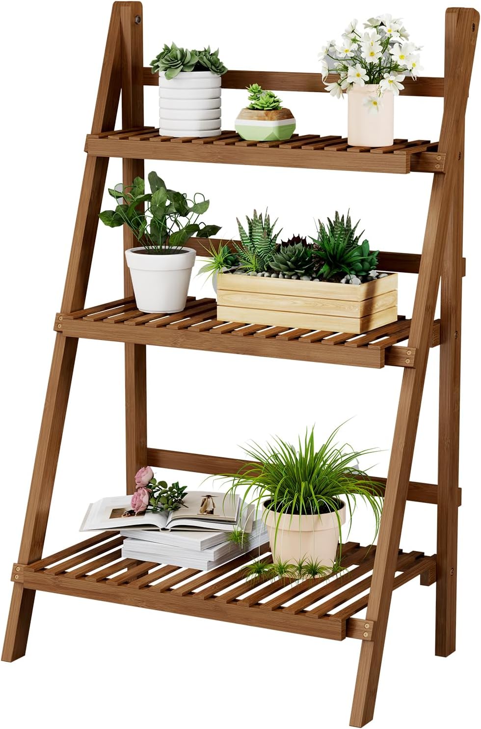 Bamboo Ladder Shelf 3-Tier Foldable Plant Stand, 23.6"W x 15"D x 39.4"H Freestanding Flower Pot Display Rack for Garden, Balcony, Patio, or Living Room, Walnut