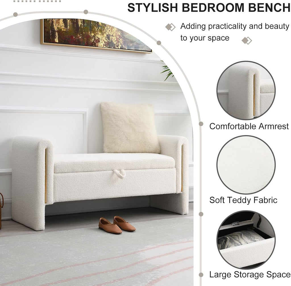NIOIIKIT 52" Storage Ottoman Bench, Teddy Upholstered Storage Bench with Armrest, Entryway Bench with Pull-Ring, End of Bed Bench with Padded Cushion, Window Bench for Living Room (White)