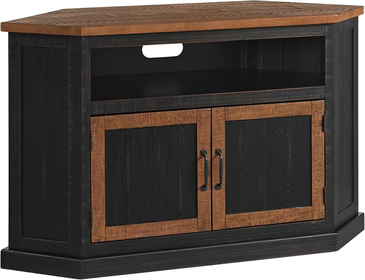 Martin Svensson Home Rustic Corner Solid Wood TV Stand, Black with Honey | Entertainment Center, for TVs up to 55", Two Door Cabinet, Open Storage shelf