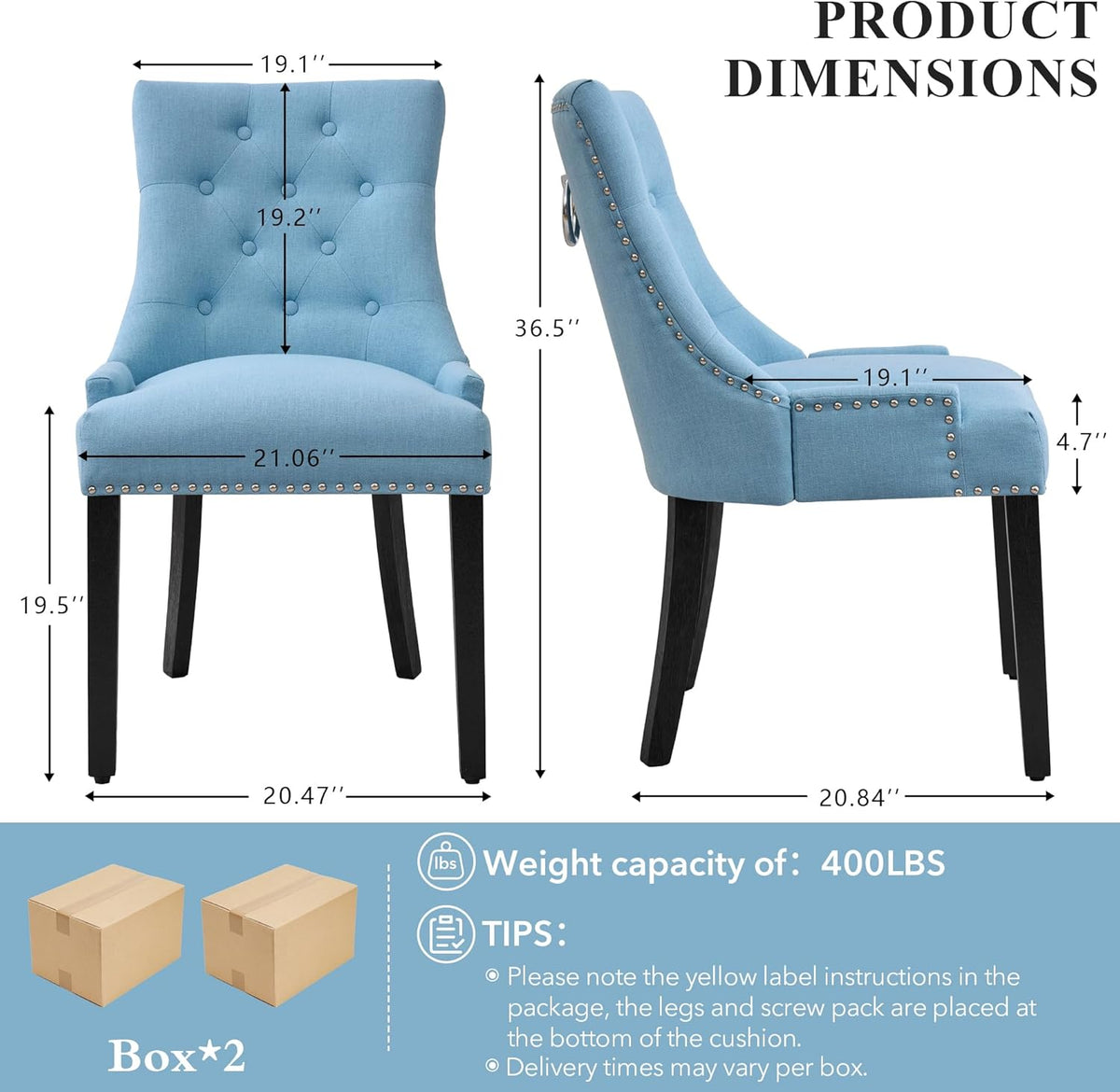 adochr Dining Chairs Set of 4, Upholstered Fabric Dining Room Chairs with Nailhead High Back & Ring Pull & Wooden Legs, Mid-Century Modern Kitchen Chairs for Restaurant, Living Room, Light Blue