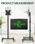 Mobile Rolling TV Stand on Wheels for 13-50 inch Screens, Black | Portable TV Stand for Outdoor, Bedroom, and Living Room, Locking Caster, Tilt Angle and Height Adjustment, Max Vesa 200x200mm
