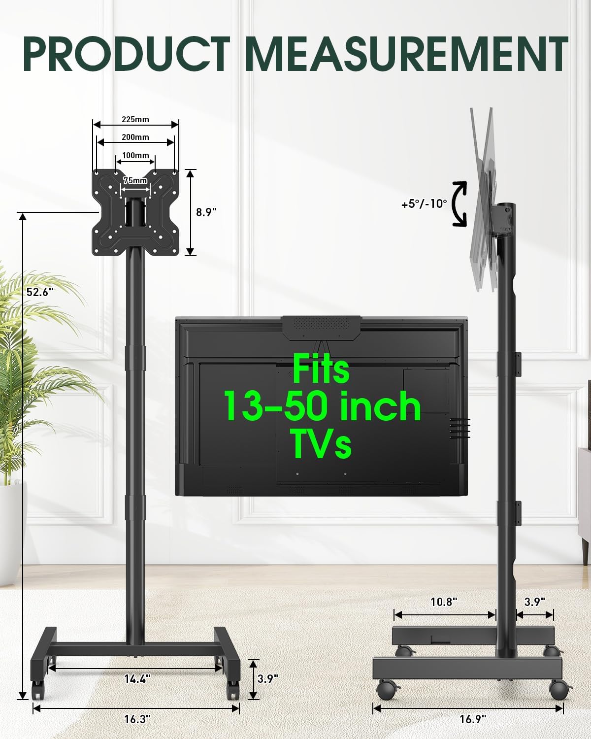 Mobile Rolling TV Stand on Wheels for 13-50 inch Screens, Black | Portable TV Stand for Outdoor, Bedroom, and Living Room, Locking Caster, Tilt Angle and Height Adjustment, Max Vesa 200x200mm