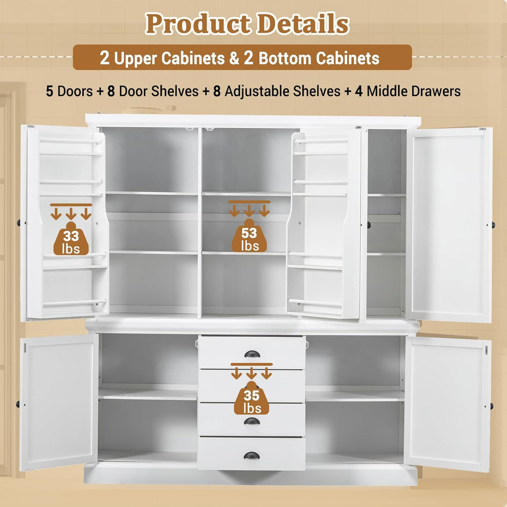 73" Freestanding Kitchen Pantry Organizer - Wooden Storage Unit with 4 Shelved Compartments, 4 Storage Bins & 8 Adjustable Shelves for Dining Room Kitchen Organization (White19)