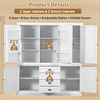 73" Freestanding Kitchen Pantry Organizer - Wooden Storage Unit with 4 Shelved Compartments, 4 Storage Bins & 8 Adjustable Shelves for Dining Room Kitchen Organization (White19)