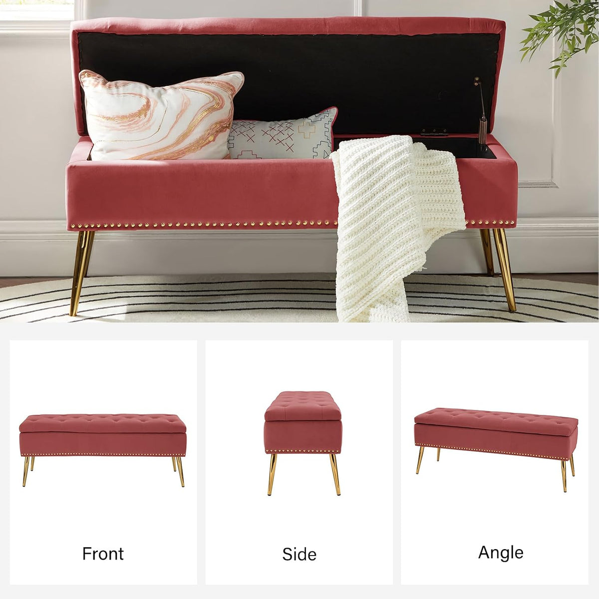 HULALA HOME Modern Velvet Storage Ottoman Bench with Gold Base & Nailhead Trim, Upholstered Bedroom Bench for End of Bed, Button-Tufted Footstool for Entryway Living Room Dining Room, Rosewood