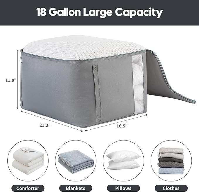 Comforter Storage Bags, Durable Oxford Fabric Clothes Organizer for Closet, Washable Collapsible Large Storage Containers for Clothing Blanket Linen Bedding, 3 Pack (Grey, 18 gallon x 3)